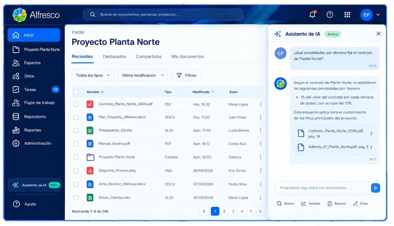 Módulo de gestión de lecciones aprendidas construido sobre Alfresco: importación desde Excel, estado de sincronización con el repositorio y listado de lecciones con su origen, fecha, proyecto y fase del ciclo de vida.