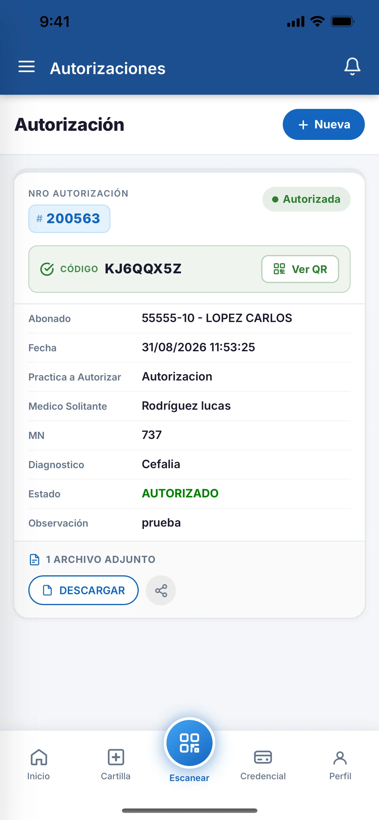 Pantalla de Autorizaciones en la aplicación de Acubens Salud para el afiliado