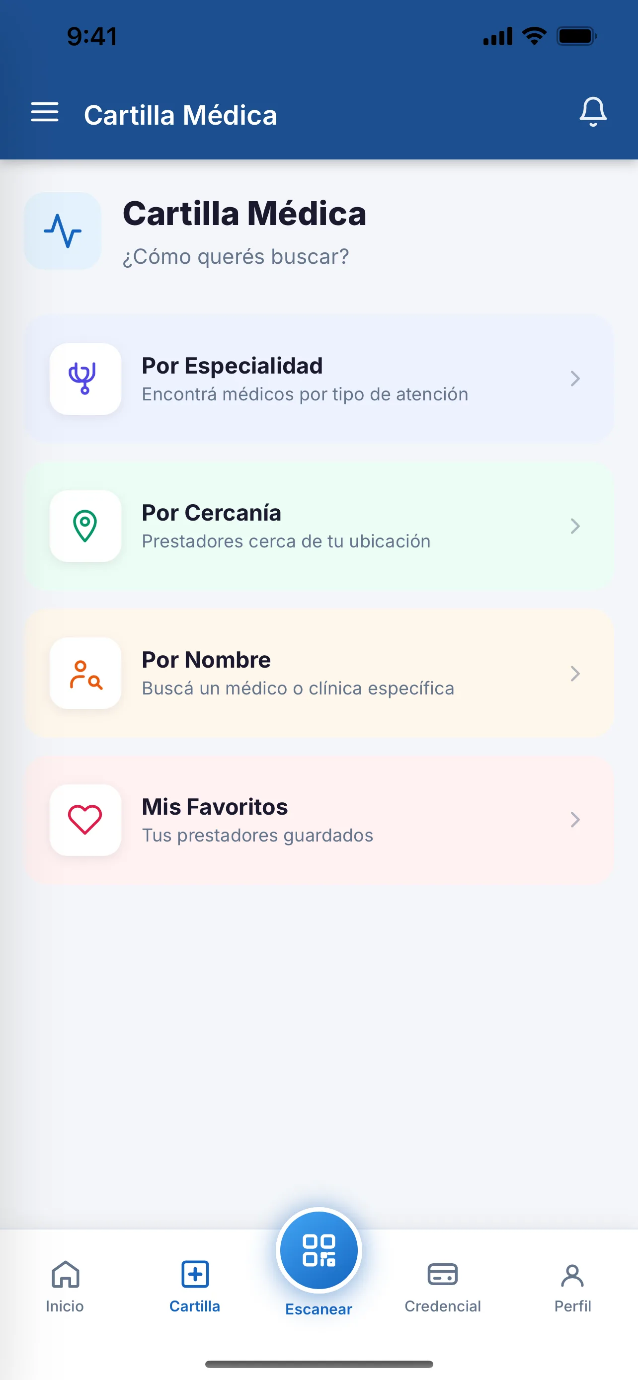 Pantalla de Cartilla médica en la aplicación de Acubens Salud para el afiliado