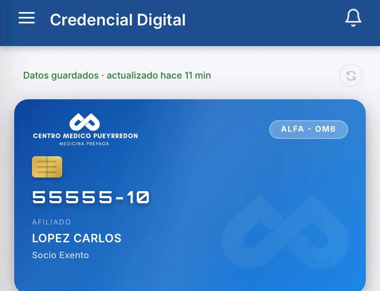 Credencial digital con número de afiliado, plan y estado.