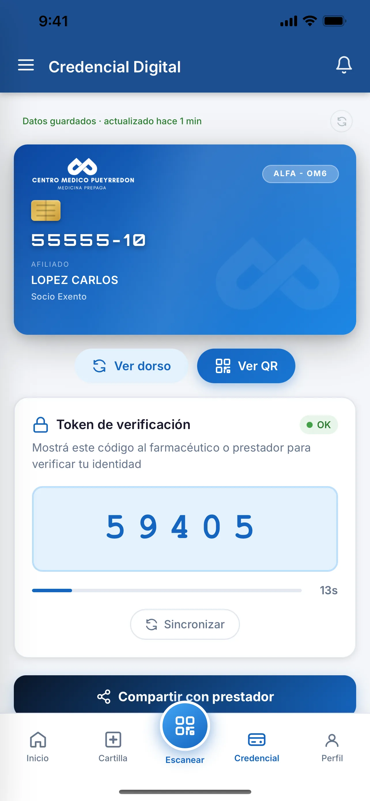 Pantalla de Credencial digital en la aplicación de Acubens Salud para el afiliado
