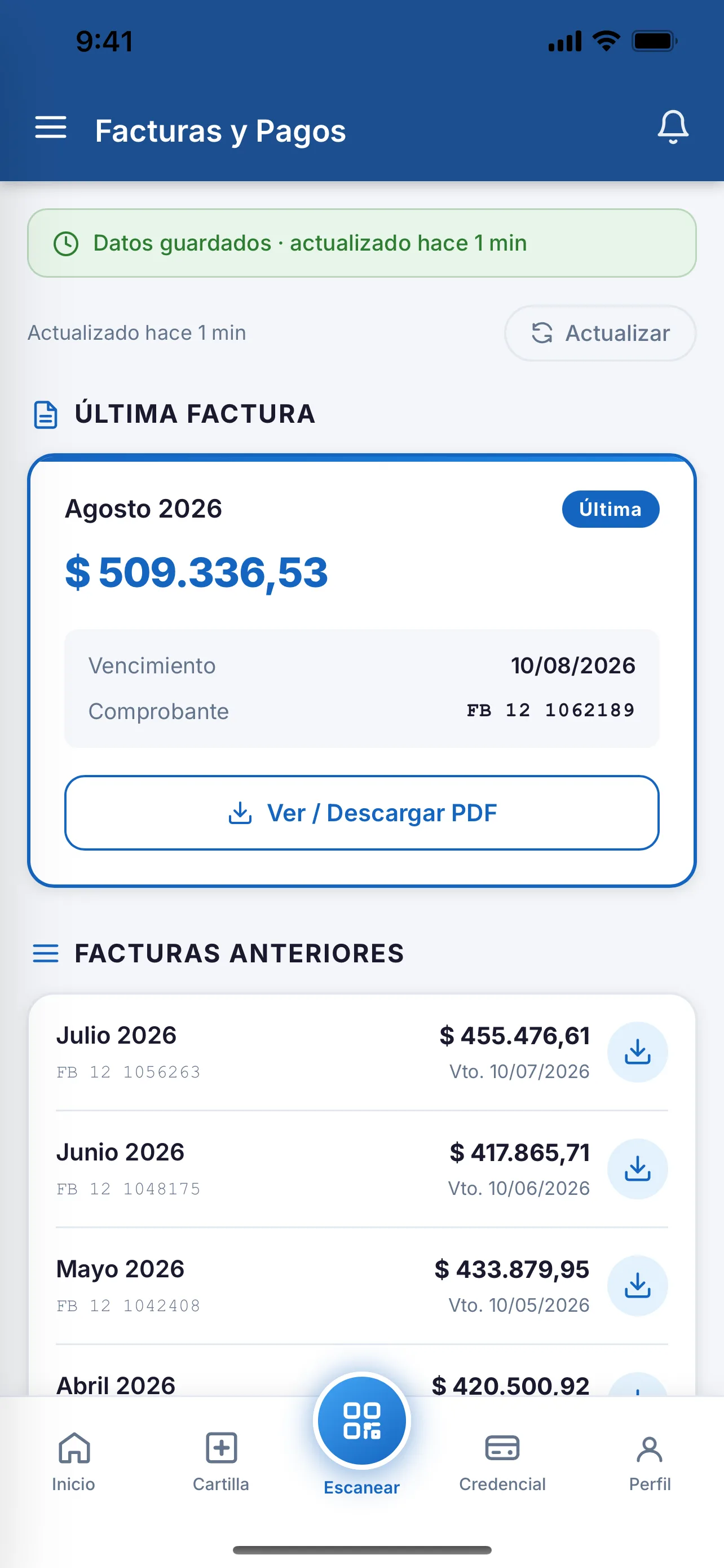 Pantalla de Facturas y pagos en la aplicación de Acubens Salud para el afiliado
