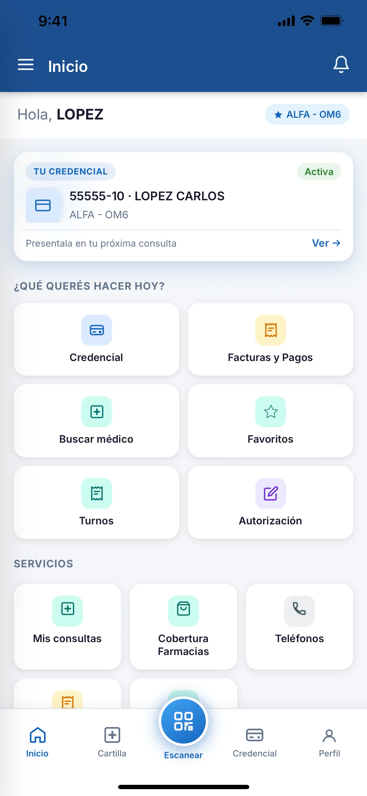 Pantalla de Inicio en la aplicación de Acubens Salud para el afiliado