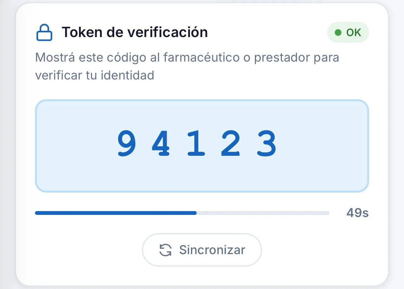 Token de verificación de seis dígitos con su cuenta regresiva, en la app del afiliado.